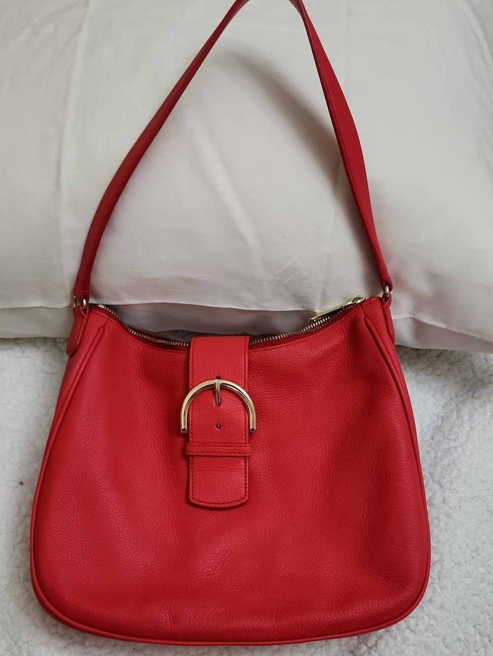 Talbots Red Pebbled Leather Hobo Shoulder Bag Gold Buckle
